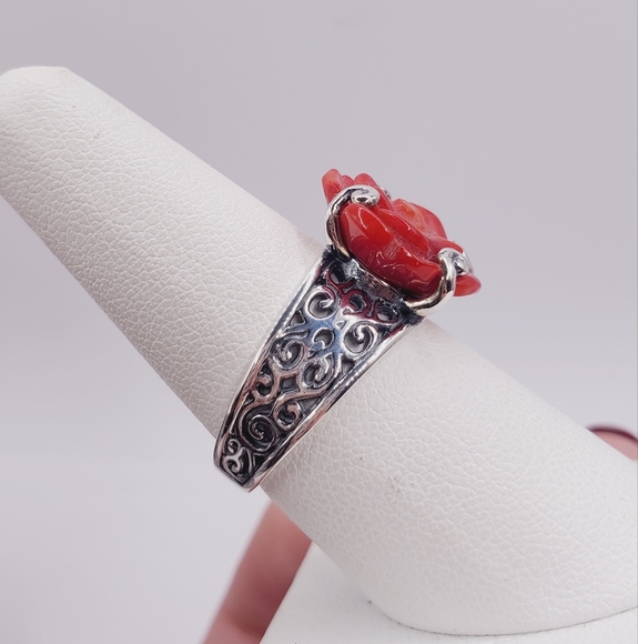 925 Sterling Silver Coral Ring Rose Ring Flower Ring Red Ring - Picture 4 of 9